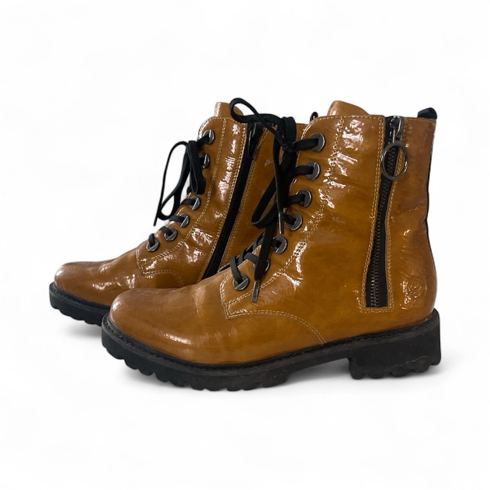 Women's honey mustard patent leather Lace-Up Ankle Boots